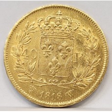 FRANCE 1818 W . FORTY 40 FRANCS . GOLD COIN